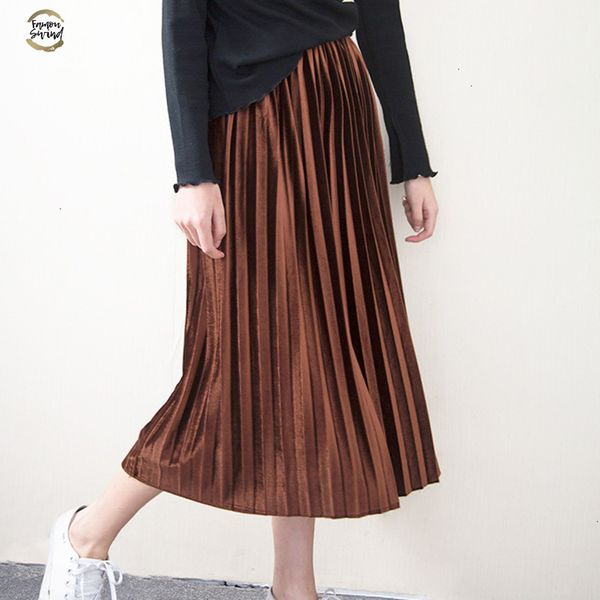 

new 2019 fashion spring summer fashion skirt high waist velvet pleated skirt women solid elastic waist skirt female drop shipping, Black