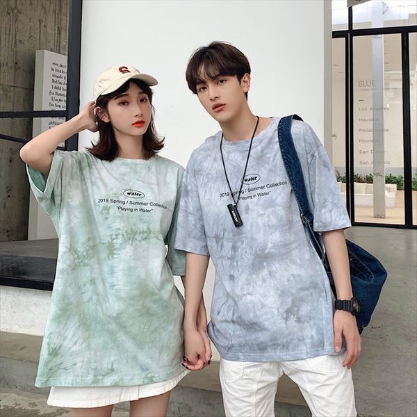 

tie-dyed short-sleeved clothing t-shirt clothing cotton couple clothes national fashion ink painting letter printing t-shirt, White