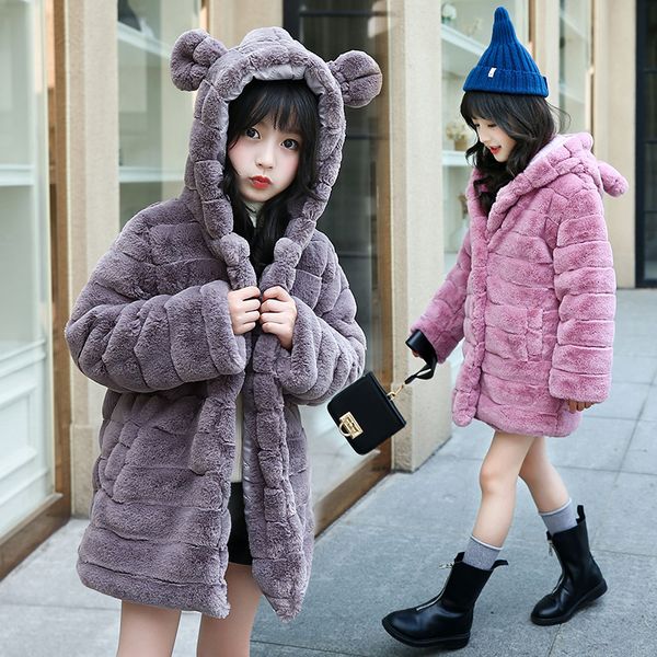

faux fur winter jackets girls hooded long cotton padded parkas fur little teens girls winter coats and jackets children clothing, Blue;gray