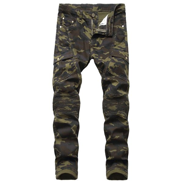 

patchwork biker jeans men camouflage slim fit skinny motorcycle denim trousers straight washed zipper hip hop pants,8133, Blue