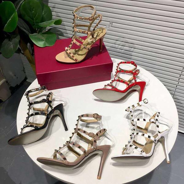 

sandals with high heels rivet leather roman sandals middle heel slippers designers are sellers black white pink apricot red