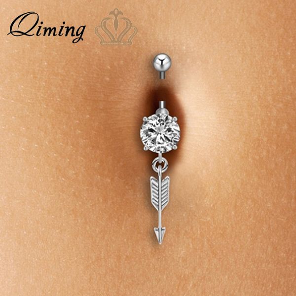 

qiming belly button rings women arrow pendant surgical steel navel piercing zircon crystal gold silver body jewelry, Slivery;golden