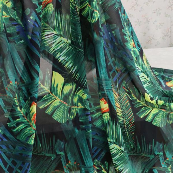 

large plants leafs print chiffon material fabric green, Black;white