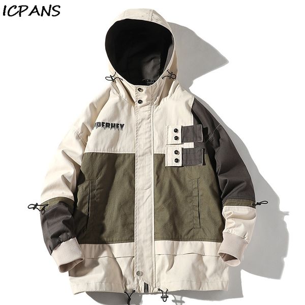 

icpans winter hooded hip hop streetwear jacket man oversized loose jackets men patchwork color coats fashion tracksuit, Black;brown
