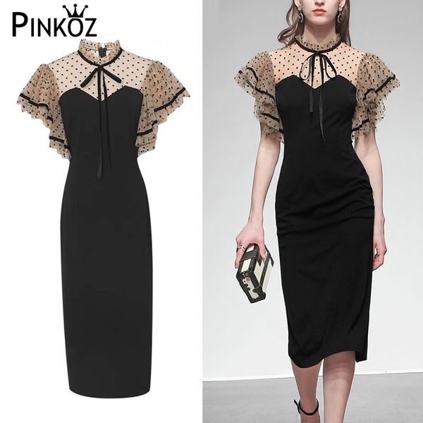 

pinkoz black gothic patchwork polka dot lace up ruffles butterfly sleeve bodycon dress work dress elegant mesh high waist dresse, Black;gray