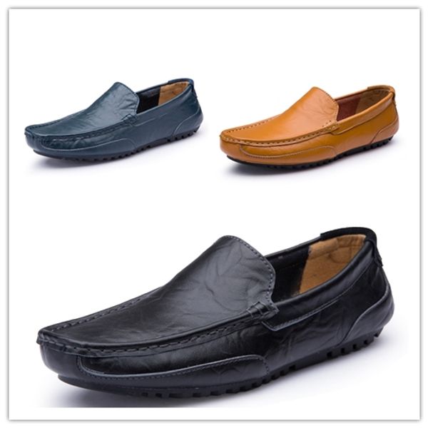 

solid cowskin men's casual shoes flat heel slip-on shoes leather lining driving shoes, Black