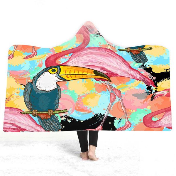 

flamingo warm wearable hood throw fleece blanket tropical plants 3d print sherpa blanket kids/nap bed on sofa