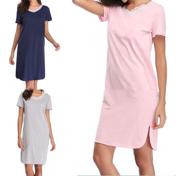 

women's ladies female split lace stitching v-neck short sleeve sleepwear night skirt lingerie nightdress chemise, Black;red