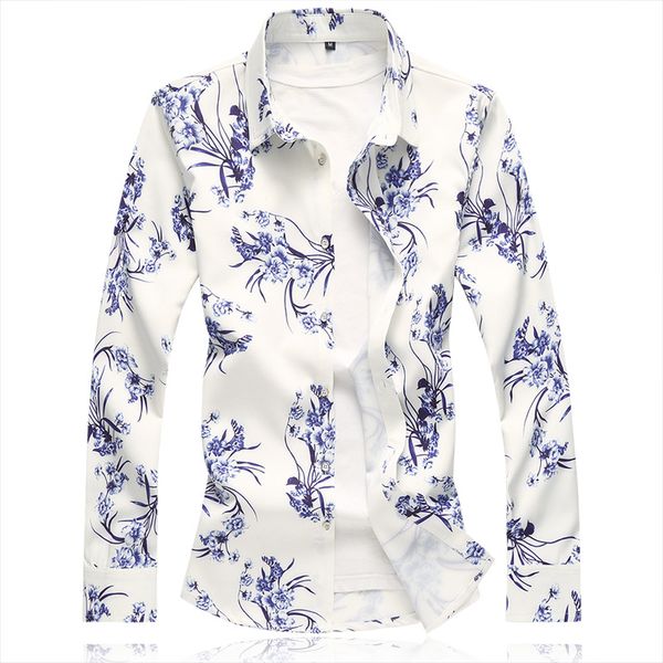 

2019 new arreival fashion long sleeve style men spring and autumn flower shirts fashion loose plus size mlxl2xl3xl4xl5xl6xl7xl, White;black