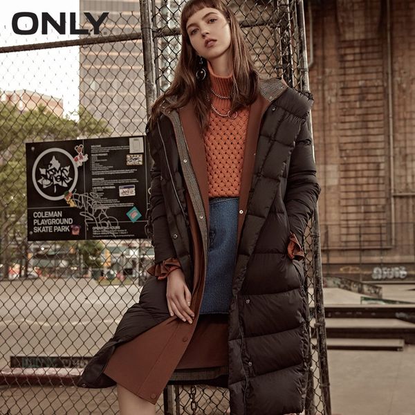 

only womens' winter new medium and long black down jacket partial sill design hooded collar|118312555