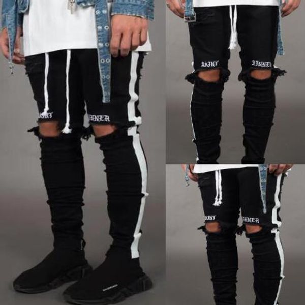 

mens jeans pants casual skinny white side jeans hip hop broken zipper nightclub pants street style black and white, Blue