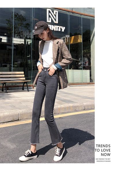 

charcoal women to restore ancient ways of tall waist elastic bootleg jeans, Blue