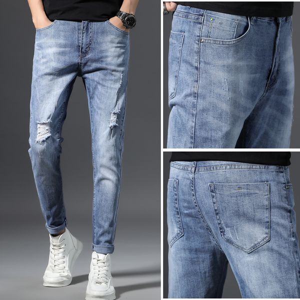 

mens slim fit jeans solid elasticity jeans men stretched denim pants distressed, Blue