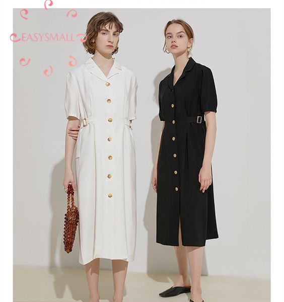 

easysmall women dress fashion french vintage single breasted buckle high-end streetwear high waist short sleeve dress, White;black
