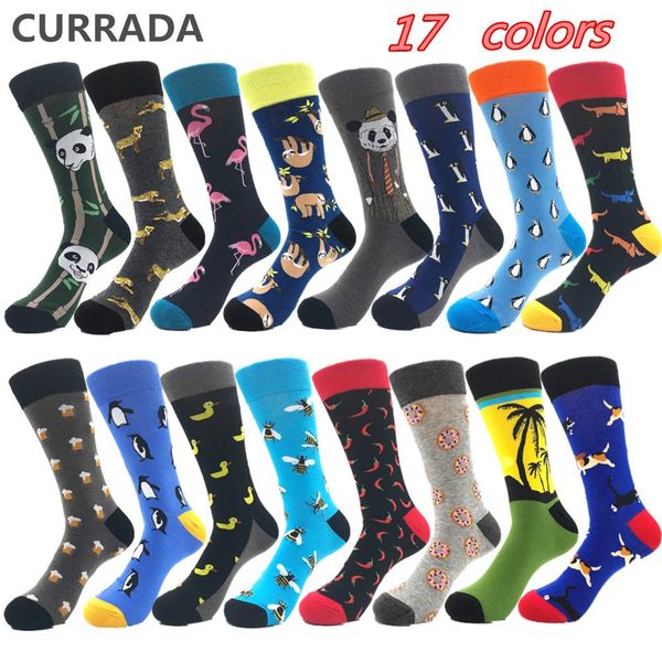 

brand quality mens happy socks combed cotton panda penguin animal cartoon 17 colors funny socks casual calcetines largos hombre, Black