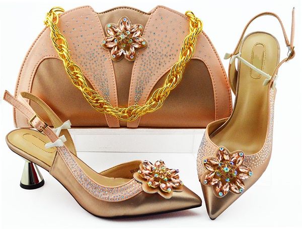 

Hot sale peach women pumps match handbag set with crystal flower style african shoes and bag for dress MM1085,heel 7CM