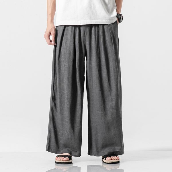 

men's pants mens linen cotton baggy pant men solid casual straight loose wide leg plus size korean style trousers pantalon hombre, Black