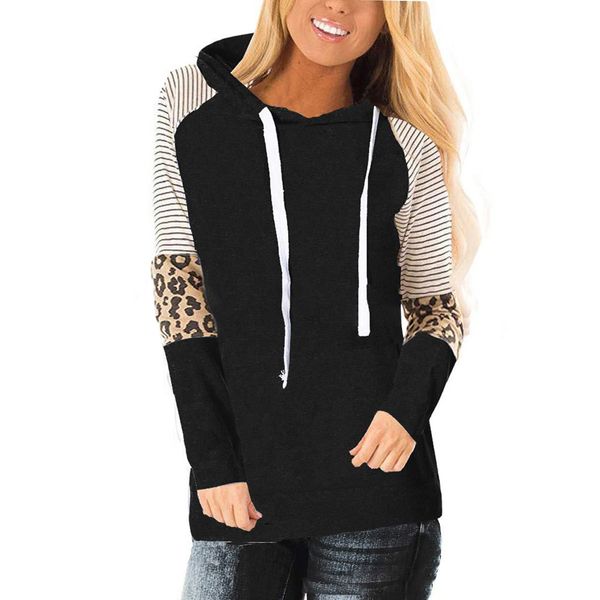 

women hoodie sweatshirt leopard color block tunic pullover fashion female comfy striped o neck hooded sweatshirt, Black