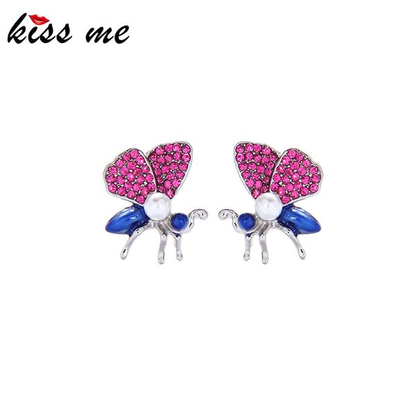 

kissme cute flying moth stud earrings for women exquisite rose red crystal blue enamel insect earrings 2020 new fashion jewelry, Golden;silver