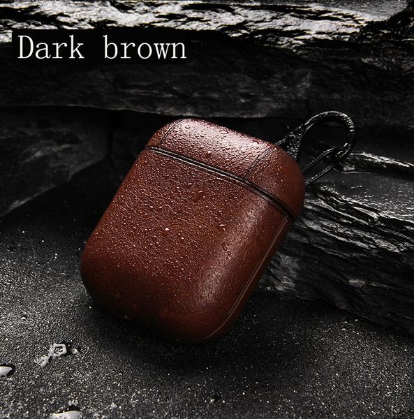 

dark brown leather design protective cover for iphone airpods fashion anti-lost shell hook 4 colors brown black red
