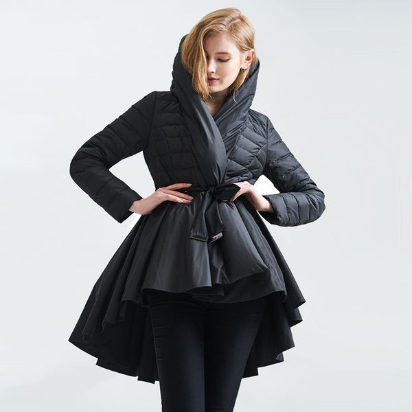 

women's down & parkas loose plus size elegant winter coat hooded hat tide belt hem white duck jackets women warm solid outerwear y108, Black