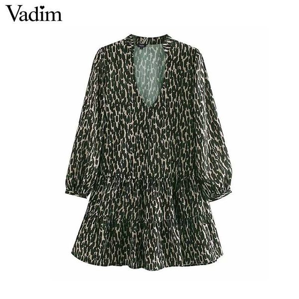 

vadim women chic leopard print mini dress v neck long sleeve straight animal pattern retro female casual dresses vestidos qc934, Black;gray