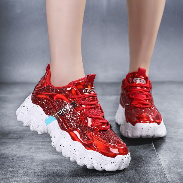 

fashion women shoes dad chunky sneakers women glitter shoes comfortable glossy thick sole ladies platform flats trainers female, Black