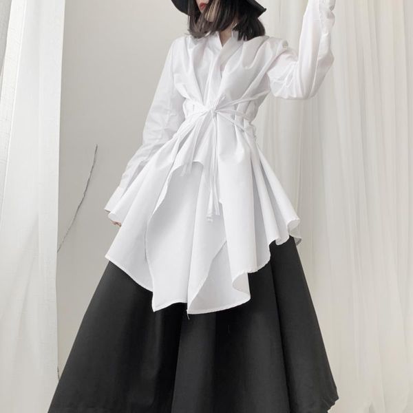 

women black asymmetrical long blouse new lapel long sleeve loose fit shirt fashion tide spring autumn 2020, White