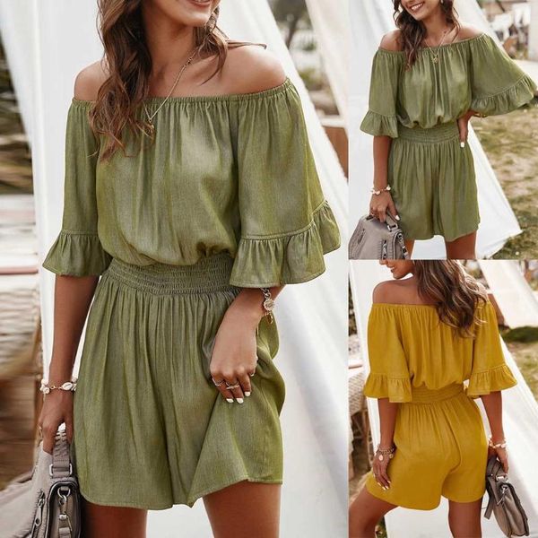 

women off shoulder solid color slim mini rompers beach bohemian jumpsuits one-piece elastic strapless shoulder, Black;white