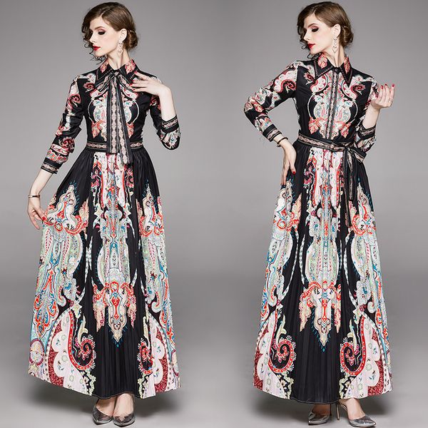 

высокое качество lady royal printed runway vintage длинные maxi платье рубашка с длинным рукавом женщин однобортный поясами плиссе платья, White
