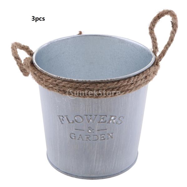 

3x iron buckets shabby chic rope bowknot flower pots jug for home garden