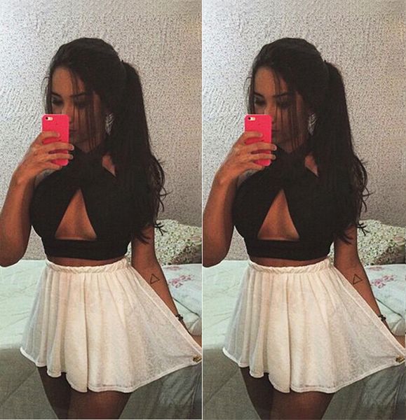 

fashion women halter backless vest bandage short tank vest camis solid cross neck hollow out strappy beach casual top, White