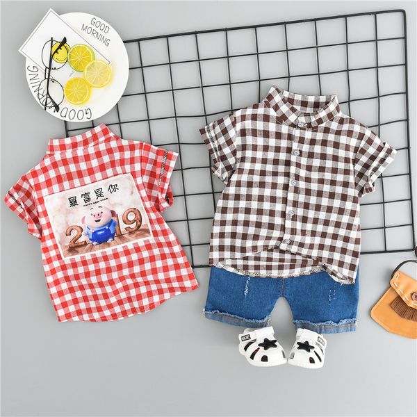 

boy summer plaid print blouse shirt+denim shorts set casual short sleeve outfits sets baby boys clothes, White