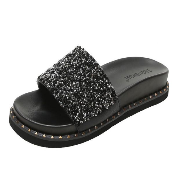 

my-love women bling slip on shoes 2020 new korean fashion platform wedges shoes ladies summer flip flops rhinestone beach slides, Black