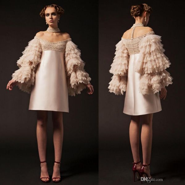 

2019 Krikor Jabotian Short Prom Dresses Off The Shoulder Knee Length Long Sleeve Cocktail Party Gowns Tiered Lace Beads Evening Dress