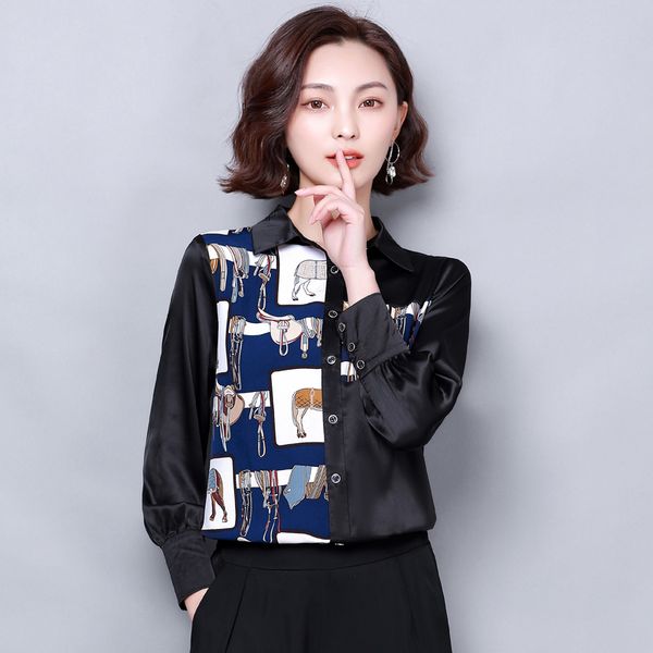 

2020 luxury fashion printed silk shirts women long sleeve lapel neck runway ladies designer shirt blouses elegant office button shirts, White