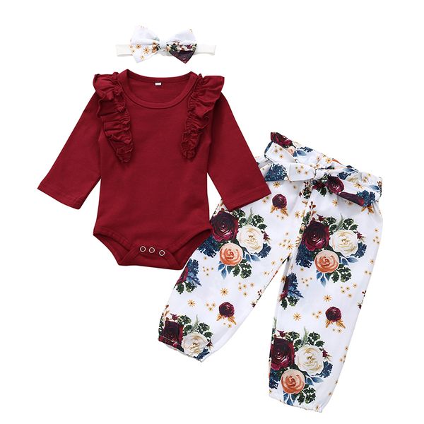 

newborn baby girl clothes infant floral romper t-shirt pants leggings headband outfit autumn 3pcs girls clothing 0-18 months, White