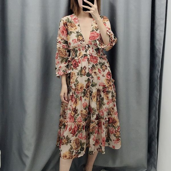 

casual dresses women summer dress 2021 fashion three quarter sleeve mid-calf modern lady floral prints chiffon, Black;gray