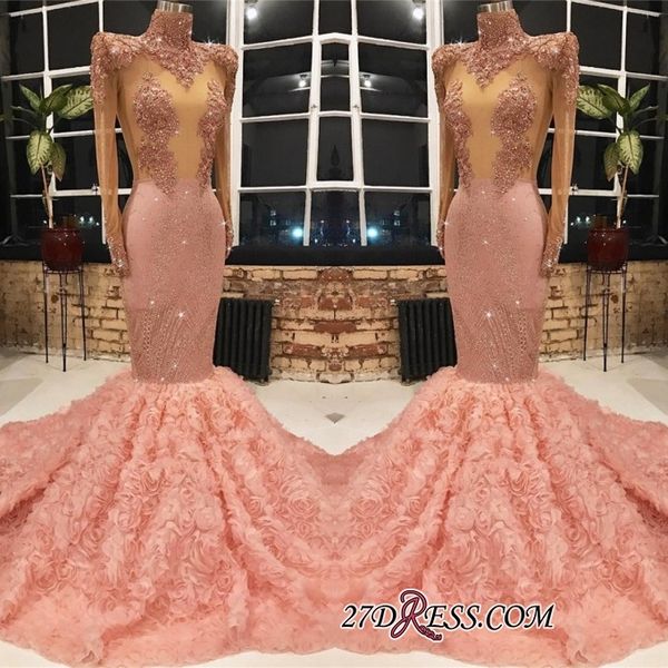 

Glamorous Pink Long Sleeve 2019 Prom Dresses Mermaid Sequins Rose Flowers Evening Gowns Party Dresses Wear Custom Size
