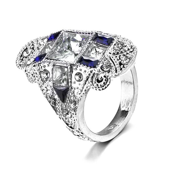

antique art deco large cubic zirconia jewelry blue ring bride wedding engagement fashion bijoux for women ladies jewelry gifts, Slivery;golden