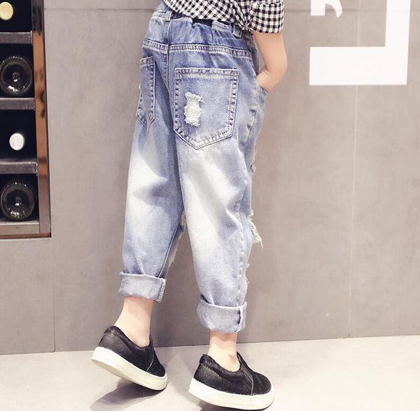 

spring autumn baby boys gril hole jeans kids broken cool washing denim feet pants toddler girls all match pants children clothes, Blue