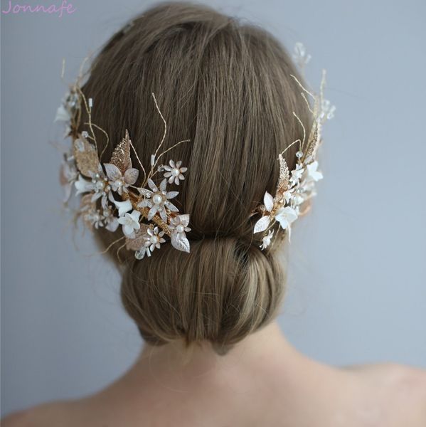 

jonnafe wedding hair crown clip gold leaf floral bridal hair jewelry handmade vintage women prom headpiece accessories, Golden;white