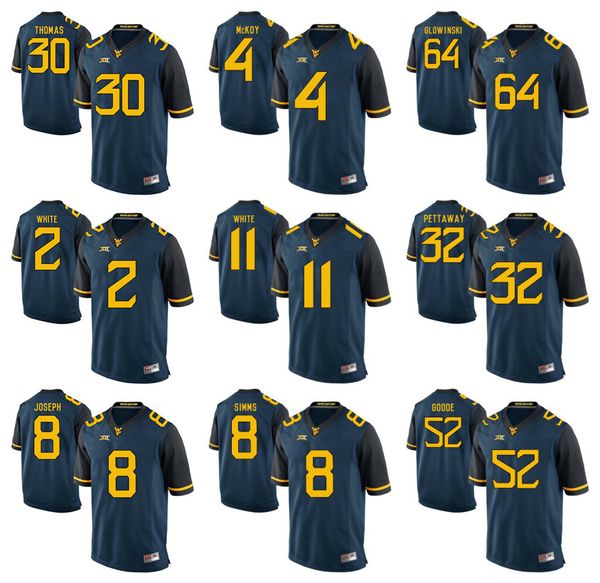 

West Virginia Mountaineers JT Thomas 30 Raun White 2 Joseph 8 McKoy 4 Kevin White 11 Simms 8 Glowinski 64 Goode 52 College Football Jerseys
