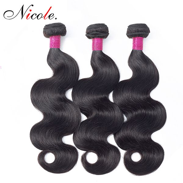 

николь 3 связки бразильский объемная волна волос плетение 100% человеческих волос естественный цвет волос 8-26 дюймов 3 шт / lot бесплатная, Black