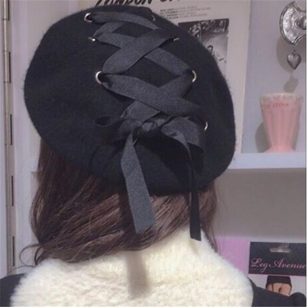 

lolita kawaii punk rok harajuku vintage magazine style ring ribbon lacing bow wool hat women black berets, Blue;gray