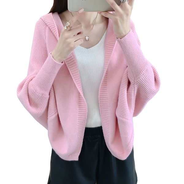 

spring autumn knitted sweater women cardigan bat sleeve sweaters short plus size harajuku knitwear hooded pink ladies coat, White;black