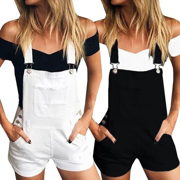 

women skinny short denims pants jumpsuits casual sleeveless pockets jeans overalls shorts solid suspender trousers playsuits, Black;white