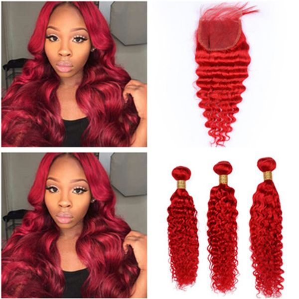 2020 Malaysian Human Hair Bright Red Weave Bundles Deep Wave With
