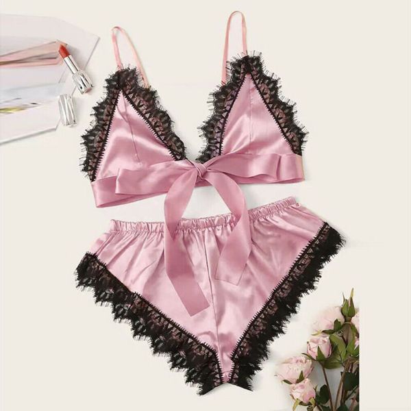 

2pcs women satin pink lace bow knot sleepwear babydoll lingerie nightdress pajamas set bra cami panties shorts clothing, Black;red