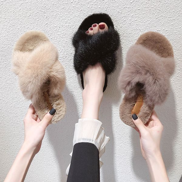 

fur shoes slippers flat slides flock low fashion slipers women plush soft luxury 2019 cross-tied basic with fur rubber short, Black